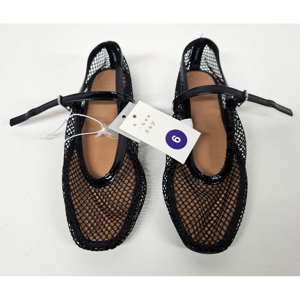 A New Day Womens Mesh Mary Jane Ballet Flats Black Square Toe Buckle Strap 6